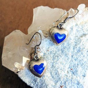 SOLD Mexican Taxco Sterling Silver Heart Charm Earrings, Lapis Stone Inlay
